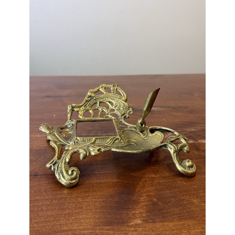 Vintage Ornate Solid Brass Art Nouveau Style Pen holder Ink Well 7 X 7.5"